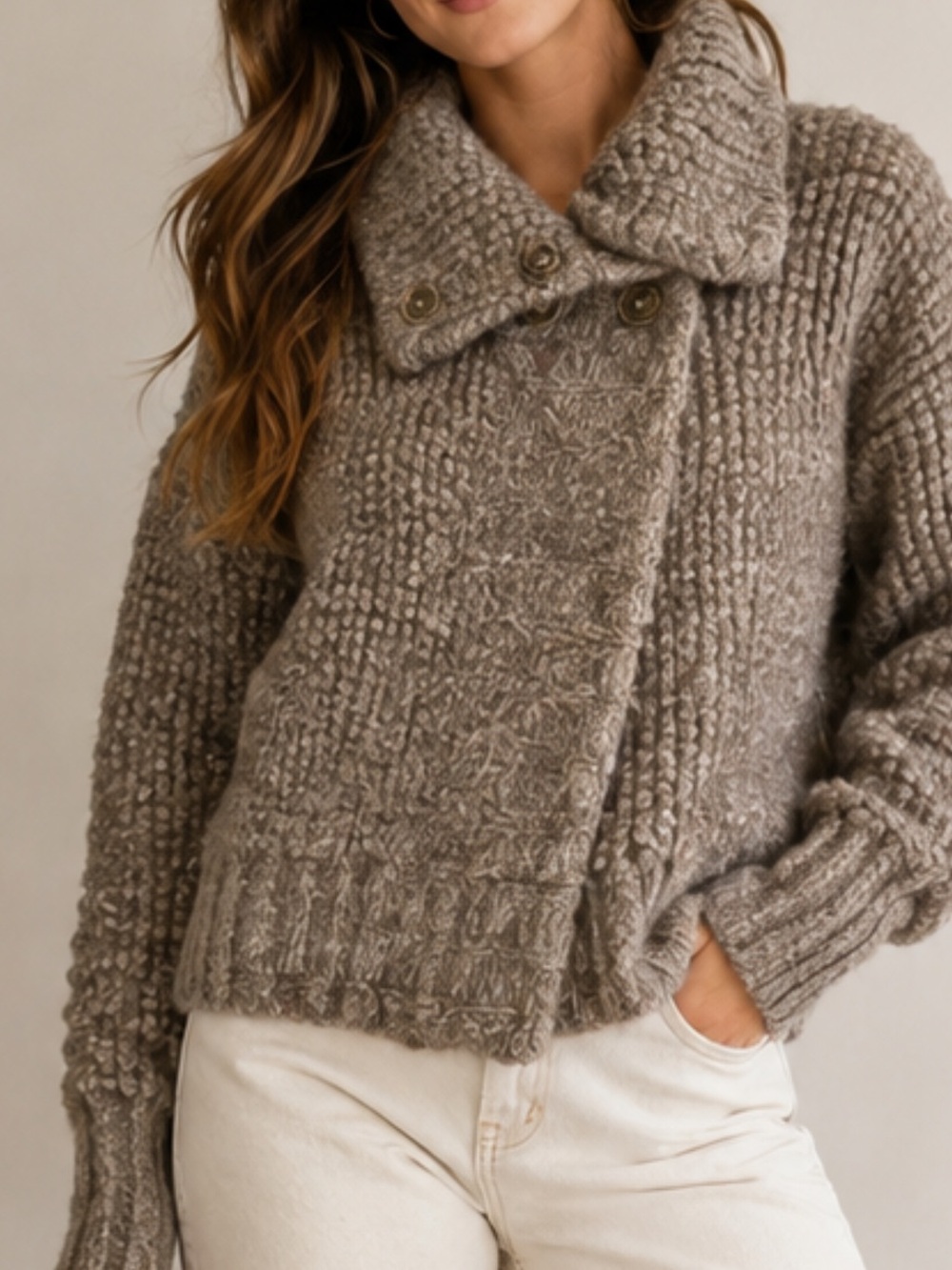Free People 89% Alpaca Boucle Cowl Neck Cardigan Sweater Brown Size S